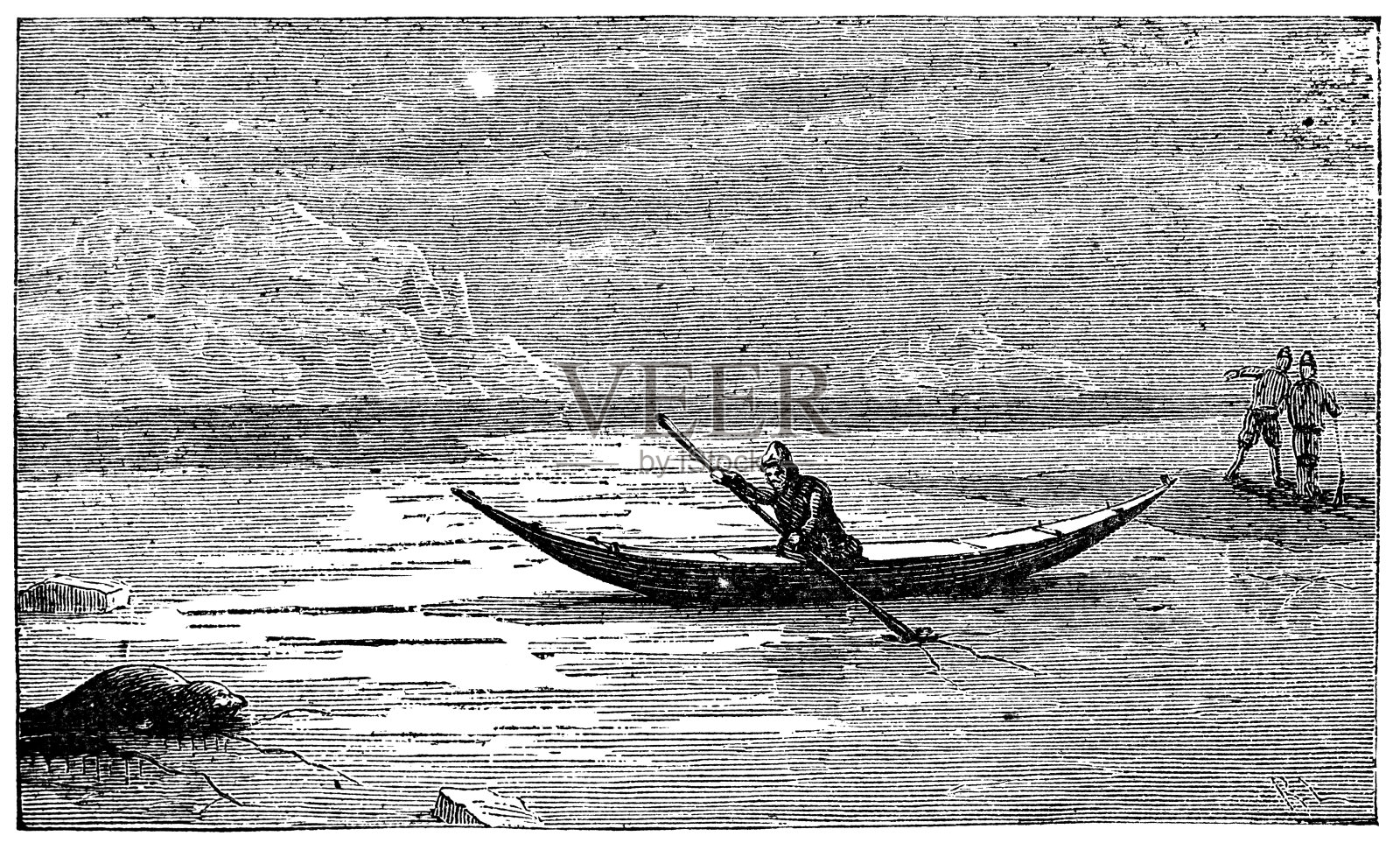 维多利亚时代篆刻的海豹猎人插画图片素材