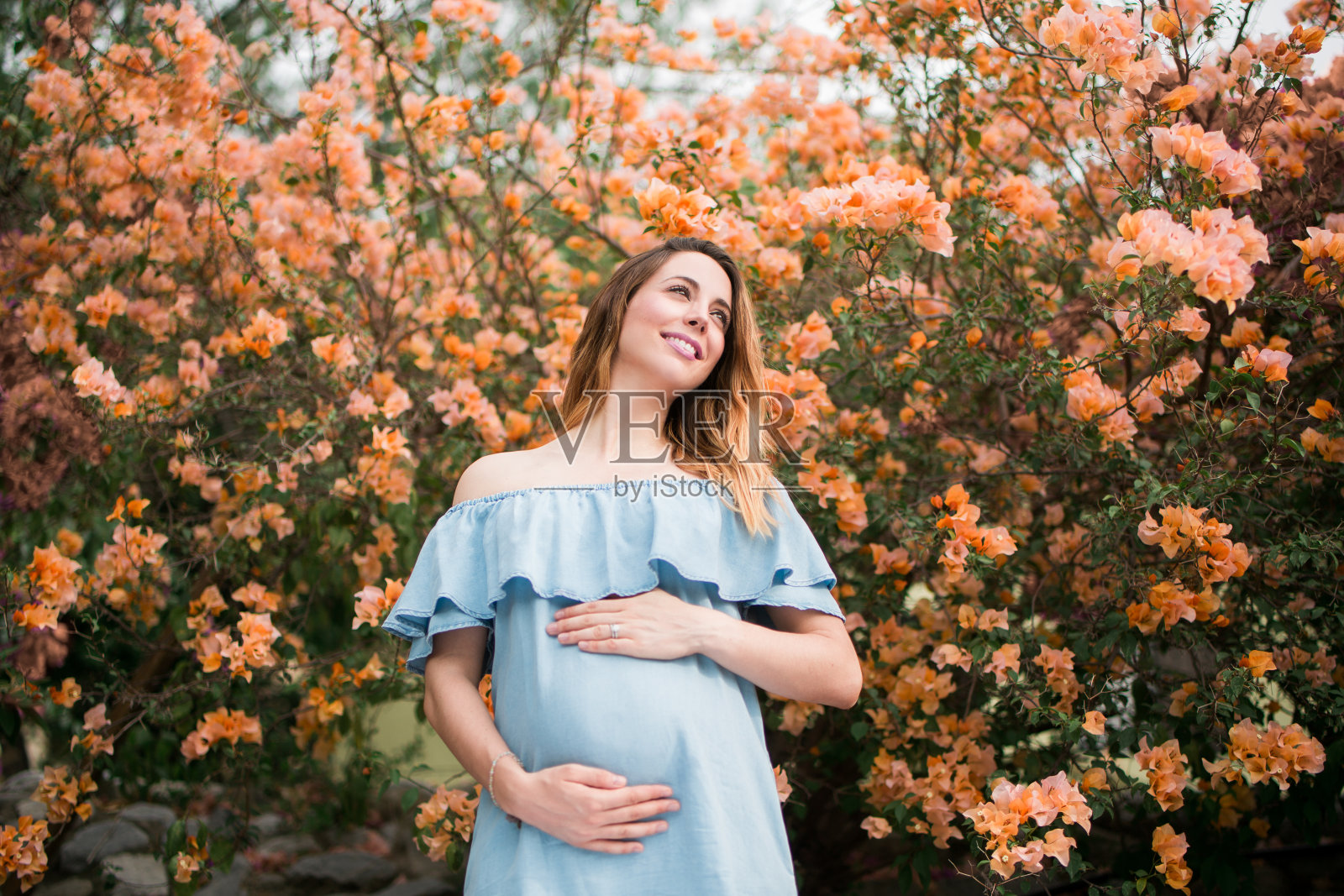 快乐的孕妇站在鲜花的背景照片摄影图片