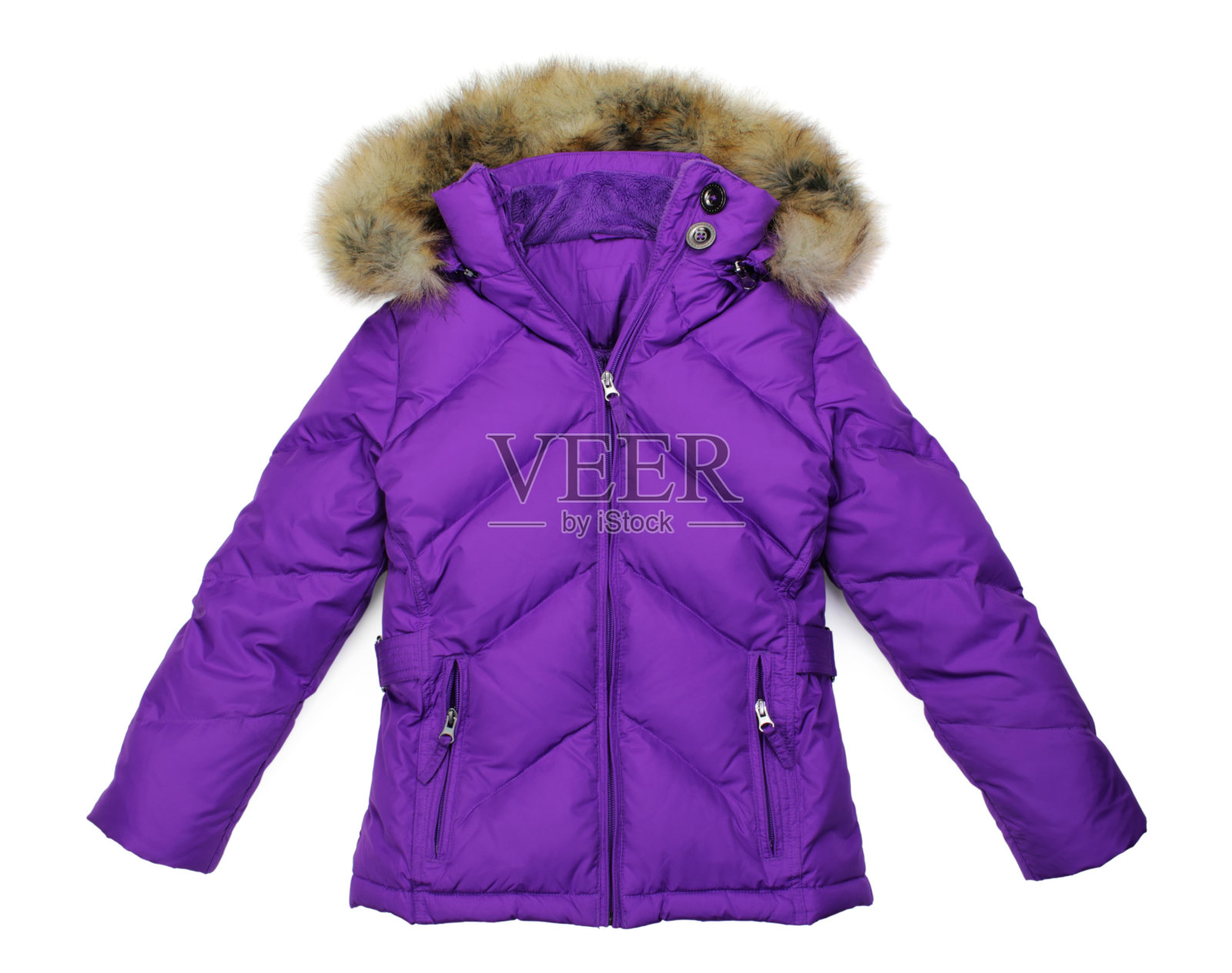 女人的紫色羽绒服冬季皮夹克上的白色照片摄影图片