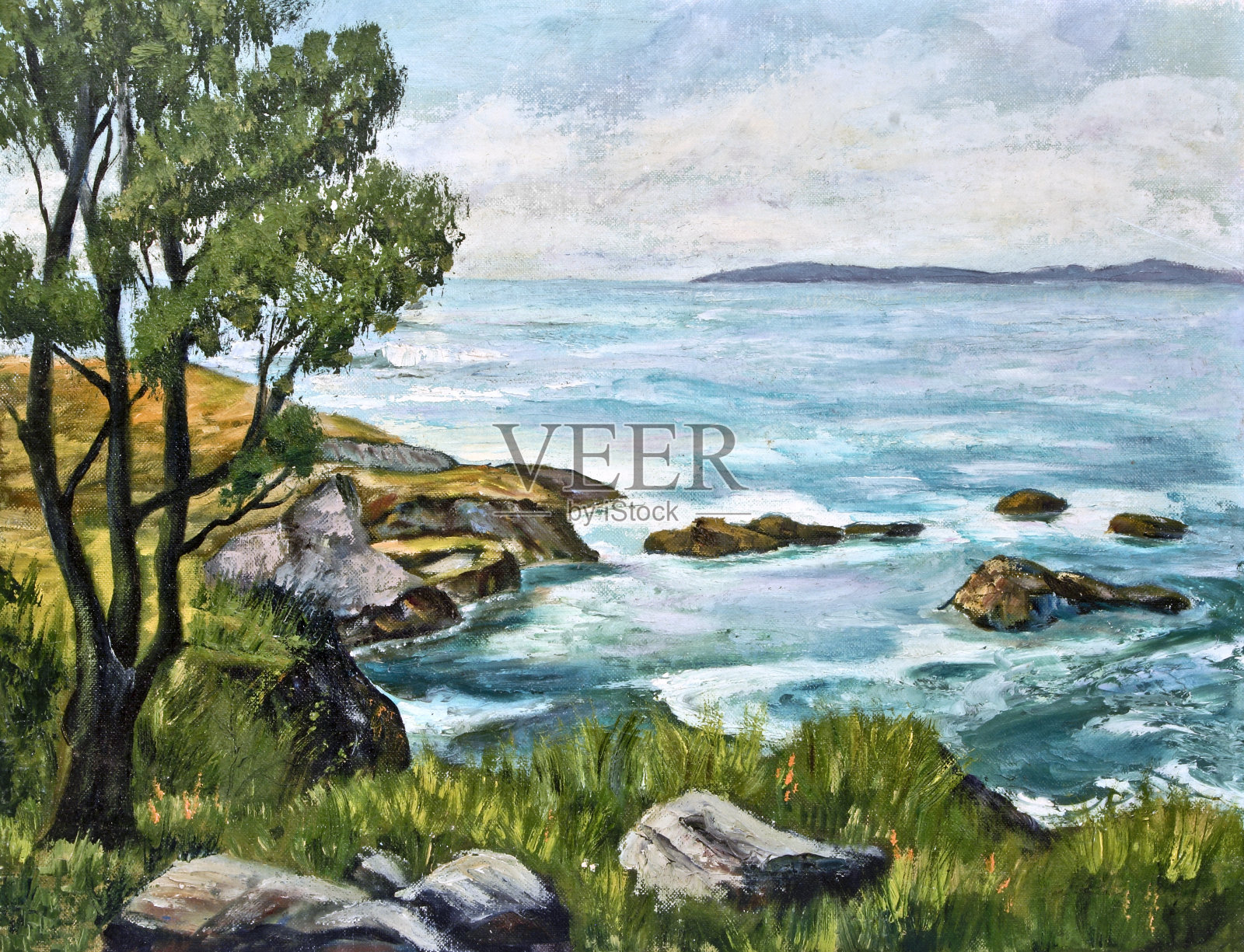 画有岩石和树木的海洋海岸线的油画插画图片素材
