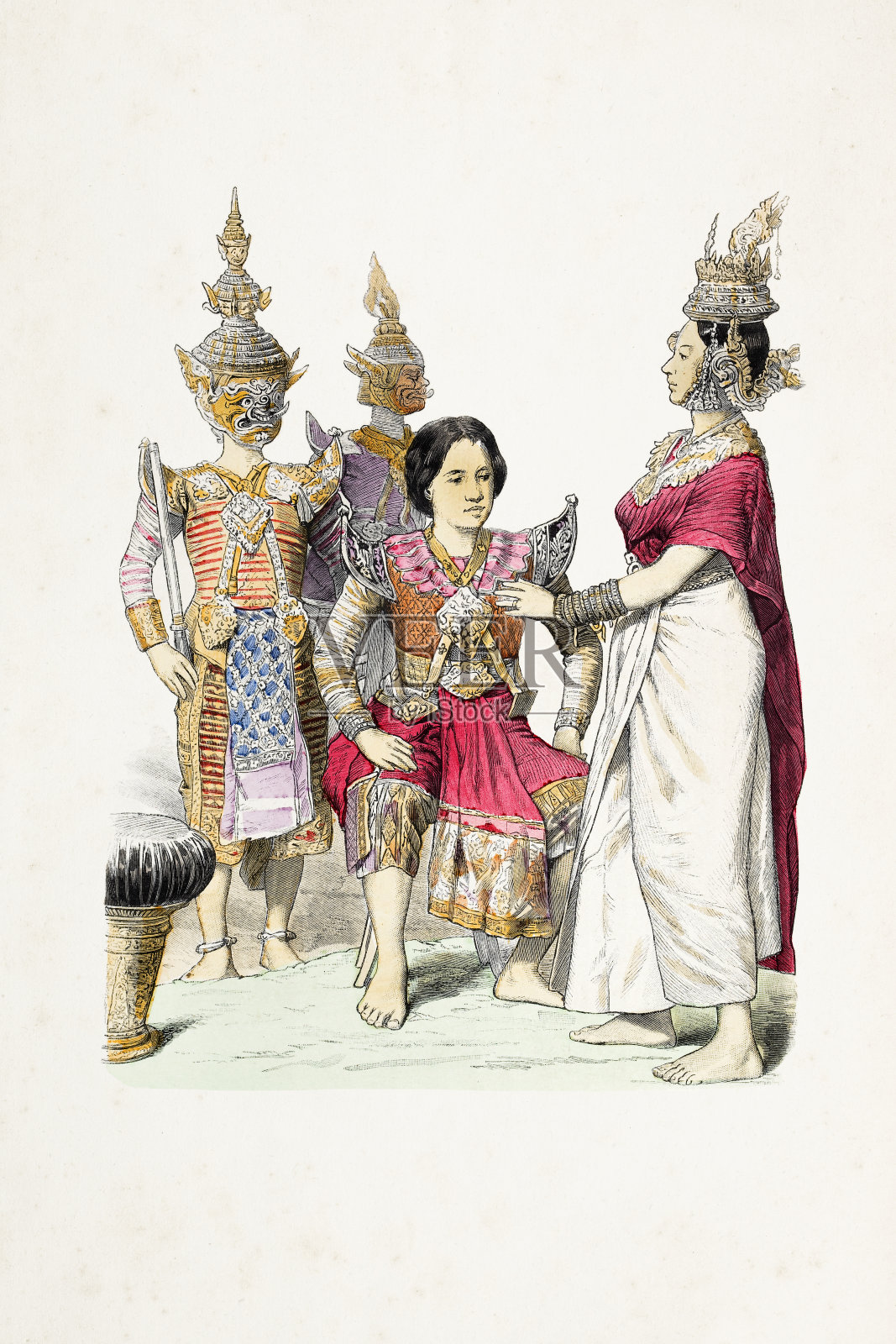 1870年左右，穿着传统服装的暹罗亚洲演员插画图片素材