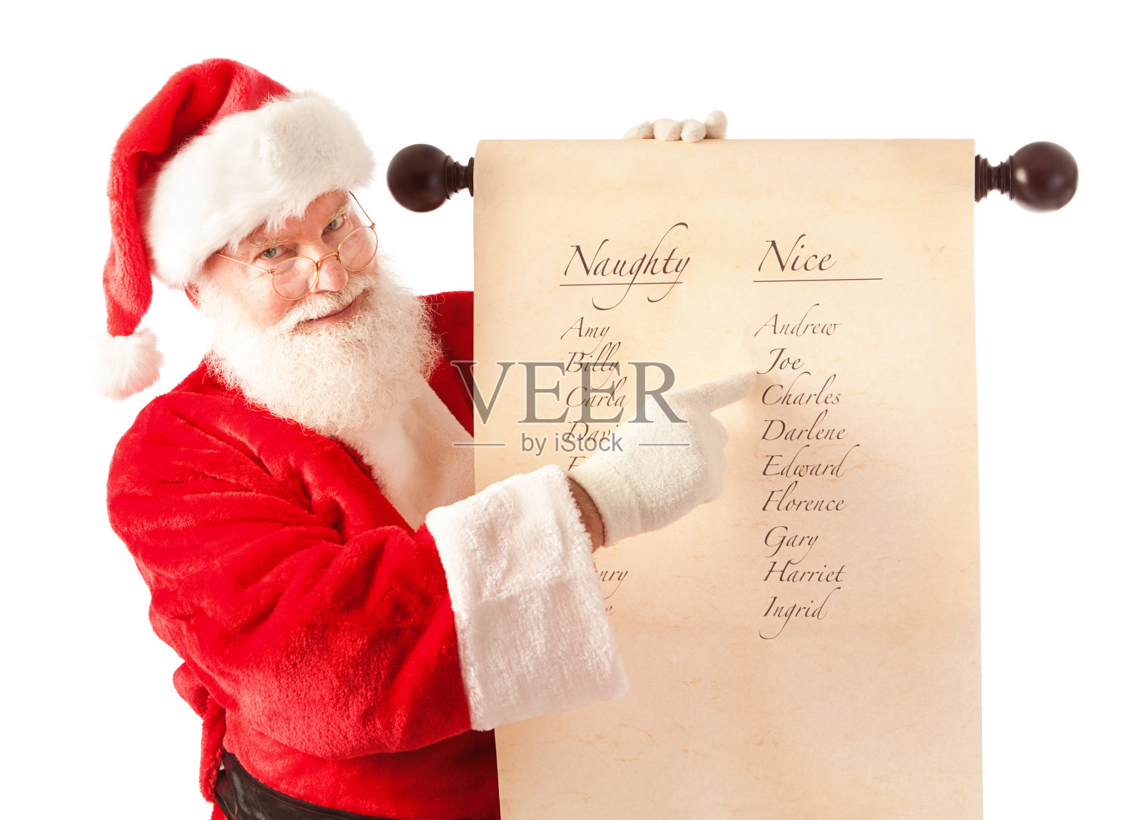 圣诞老人拿着淘气和美好的名字名单卷轴照片摄影图片