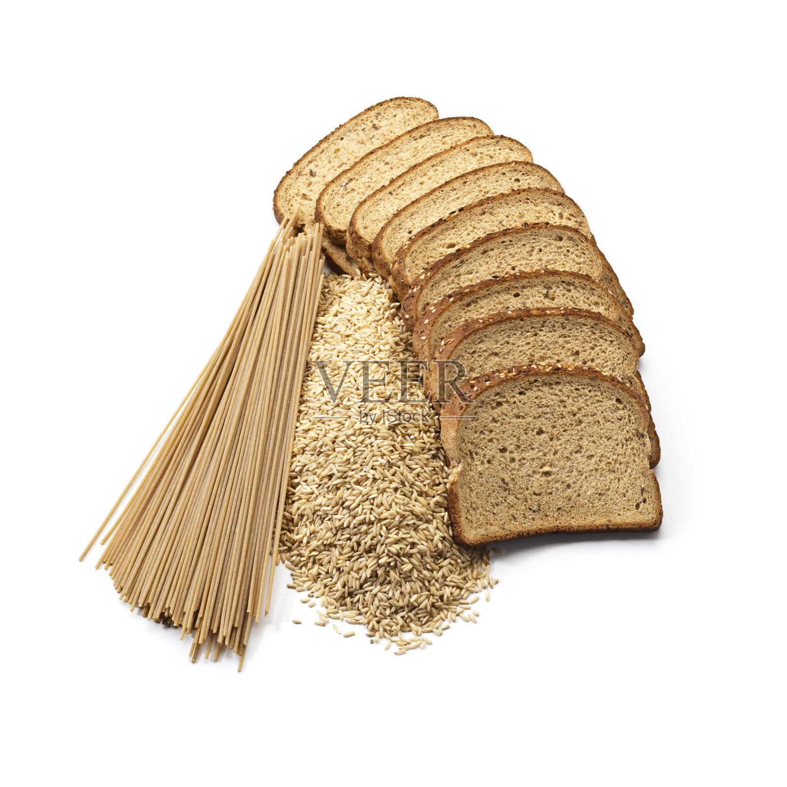 面包，大米和面食全谷物在白色背景照片摄影图片