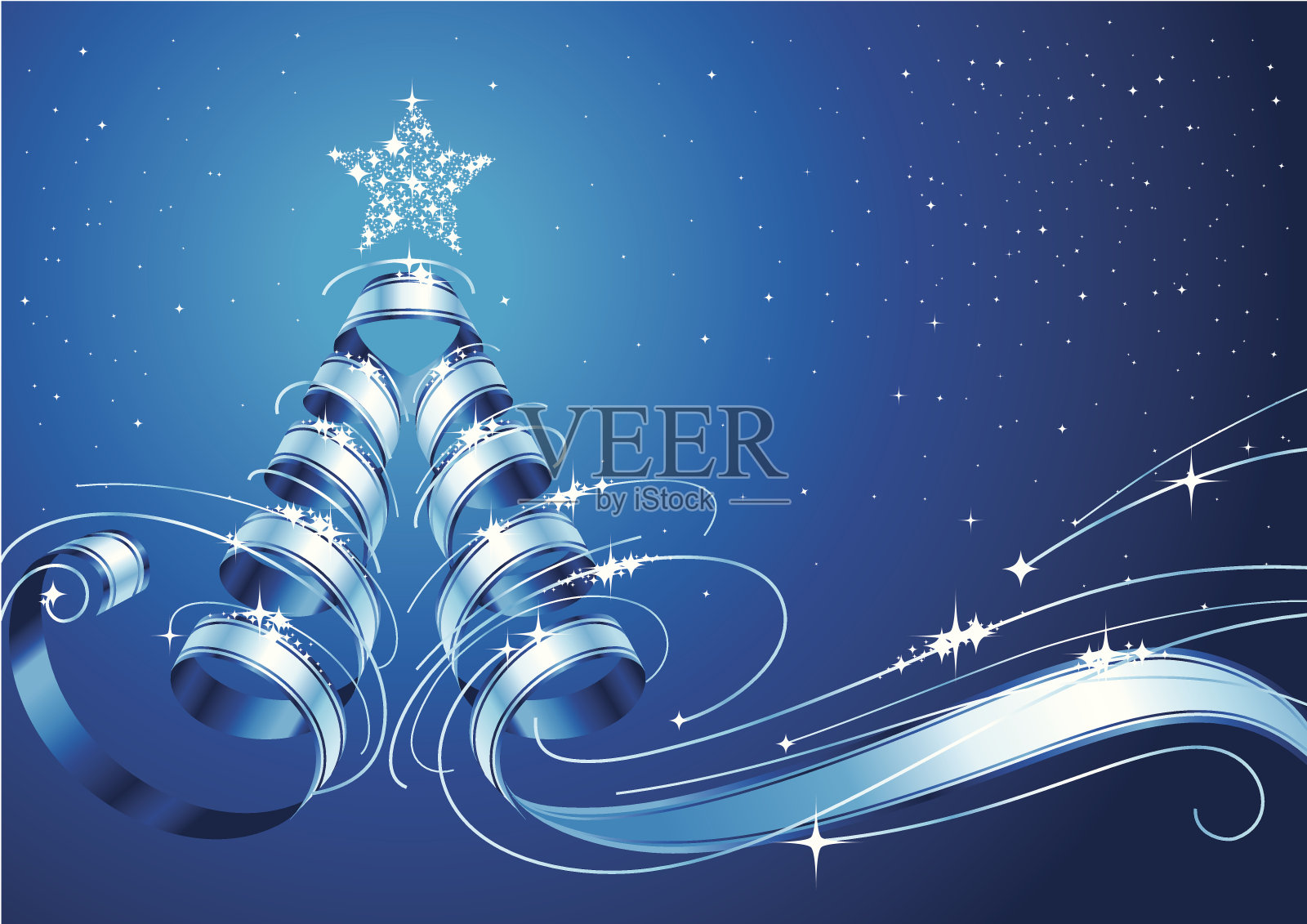 彩带圣诞树的蓝色背景插画图片素材