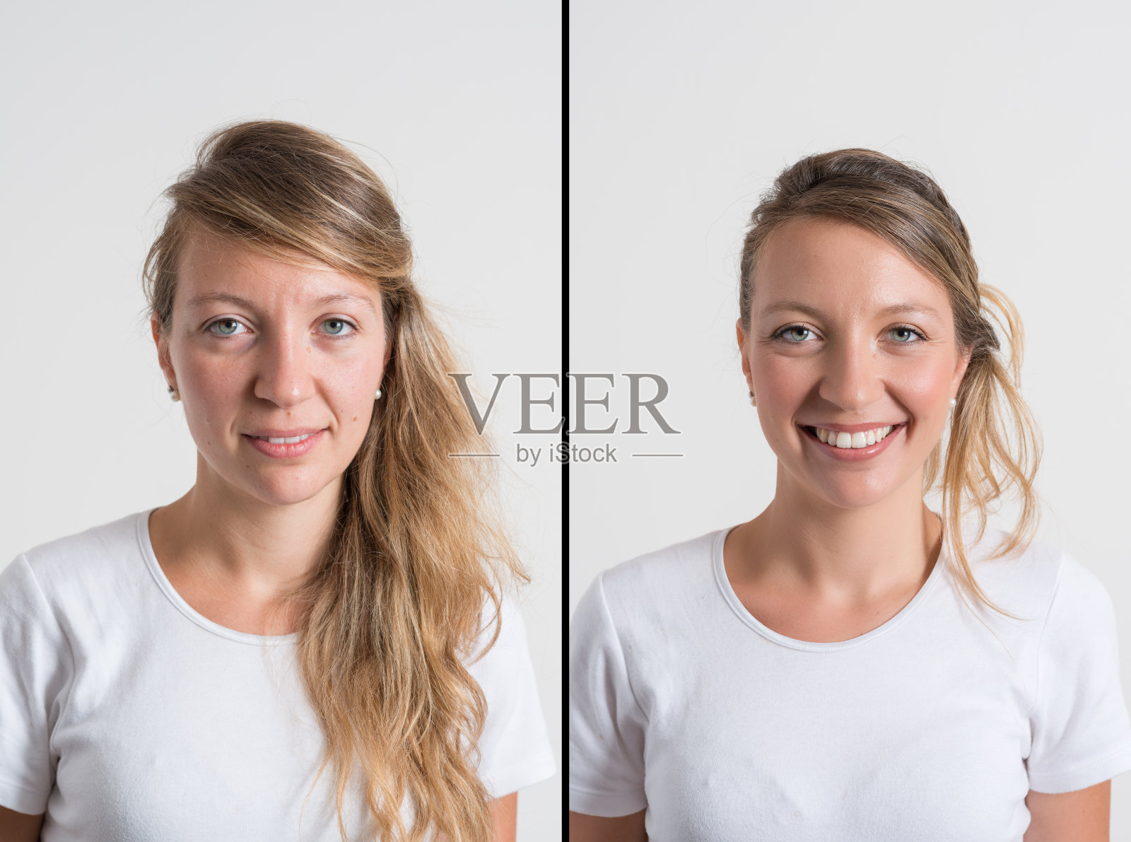 女人在喷枪化妆和美发前后照片摄影图片