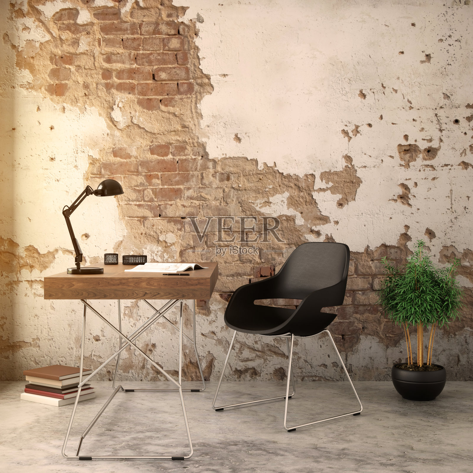 室内时髦的砖墙，椅子和桌子照片摄影图片