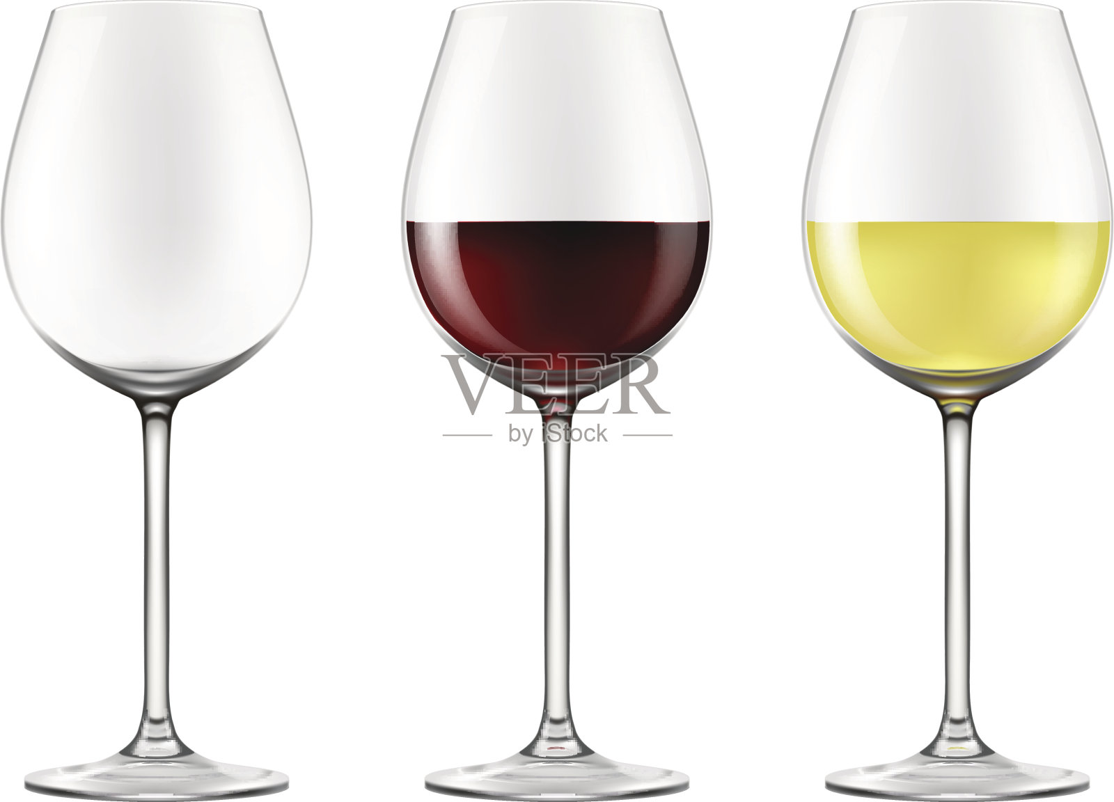 3个葡萄酒杯，一个空杯，2个放红酒和白葡萄酒设计元素图片