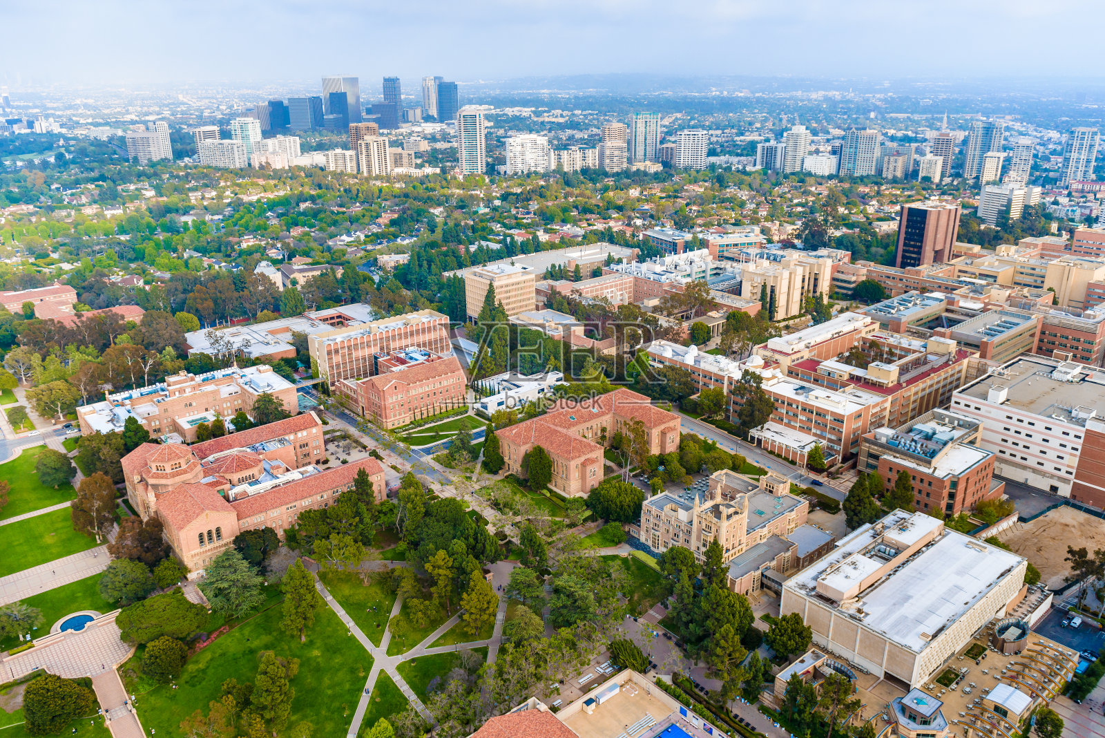 韦斯特伍德，加州大学洛杉矶分校校园，世纪城，威尔希尔走廊，洛杉矶，空中照片摄影图片