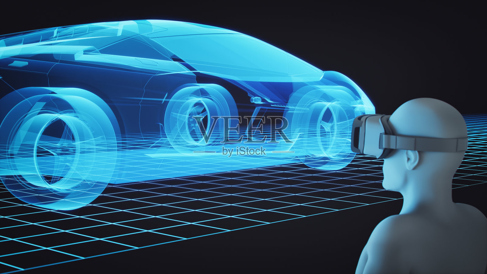 3D人与虚拟现实耳机看汽车模型照片摄影图片