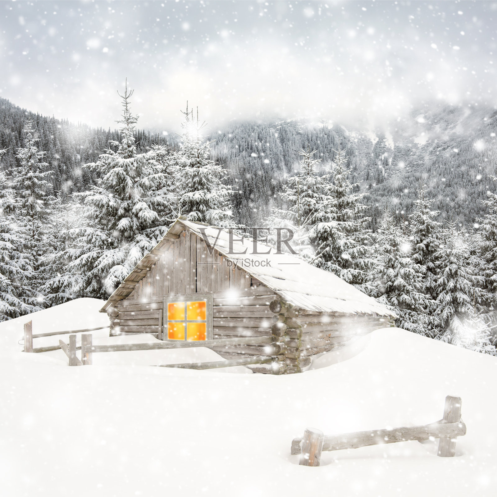 雪山中的木屋照片摄影图片