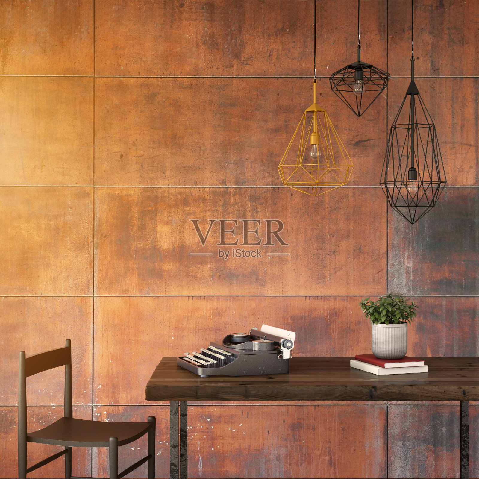 室内时髦的铁锈镶板墙与椅子和桌子插画图片素材