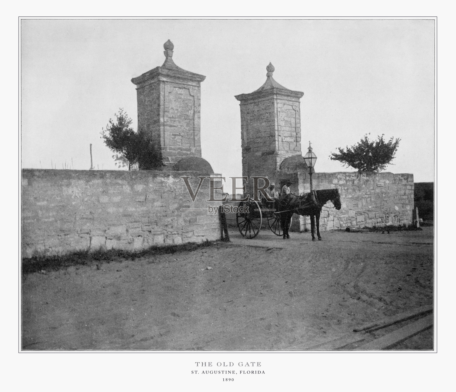 古城门，美国佛罗里达州圣奥古斯丁，美国古董照片，1893年照片摄影图片