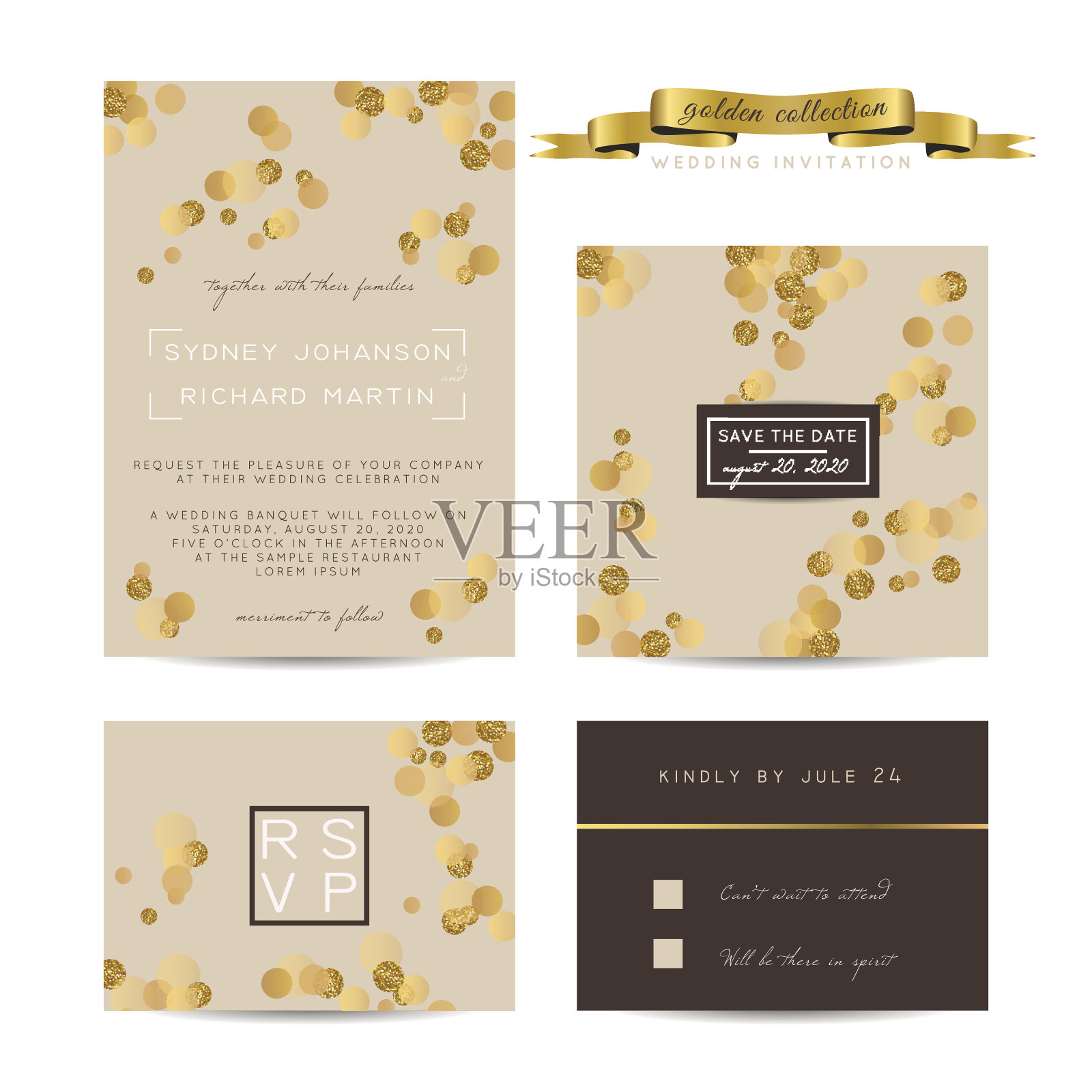 优雅的婚礼设置与回复和保存的日期卡，装饰着金色的闪光。设计模板素材
