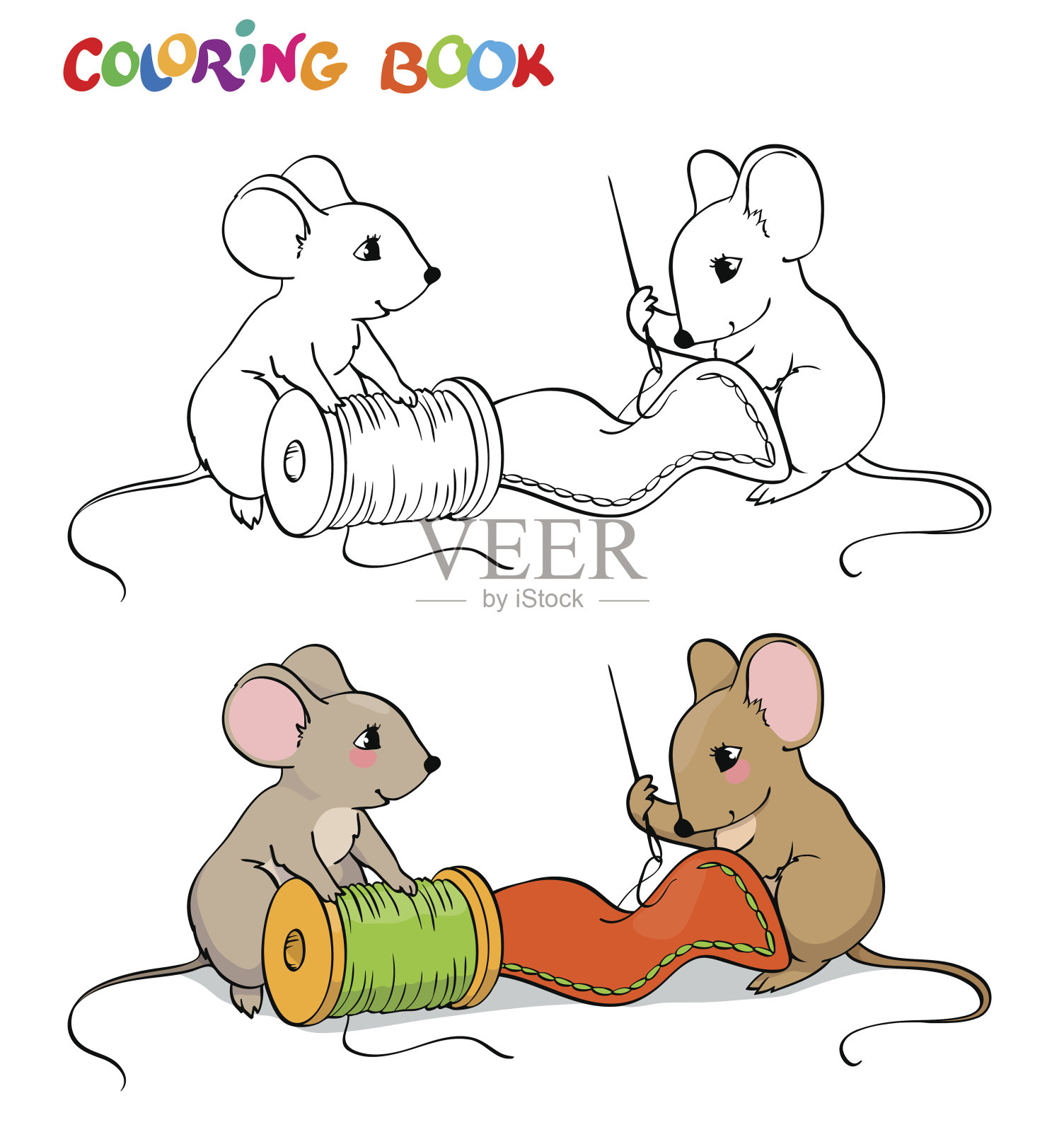 彩色的书。一只老鼠缝着针，另一只拿着线。设计元素图片