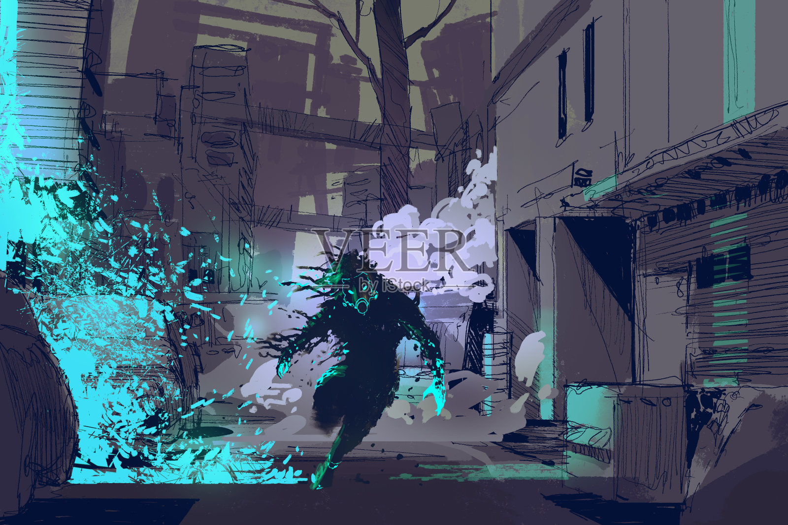 未来的野兽从城市小巷里的蓝光粒子中奔跑插画图片素材