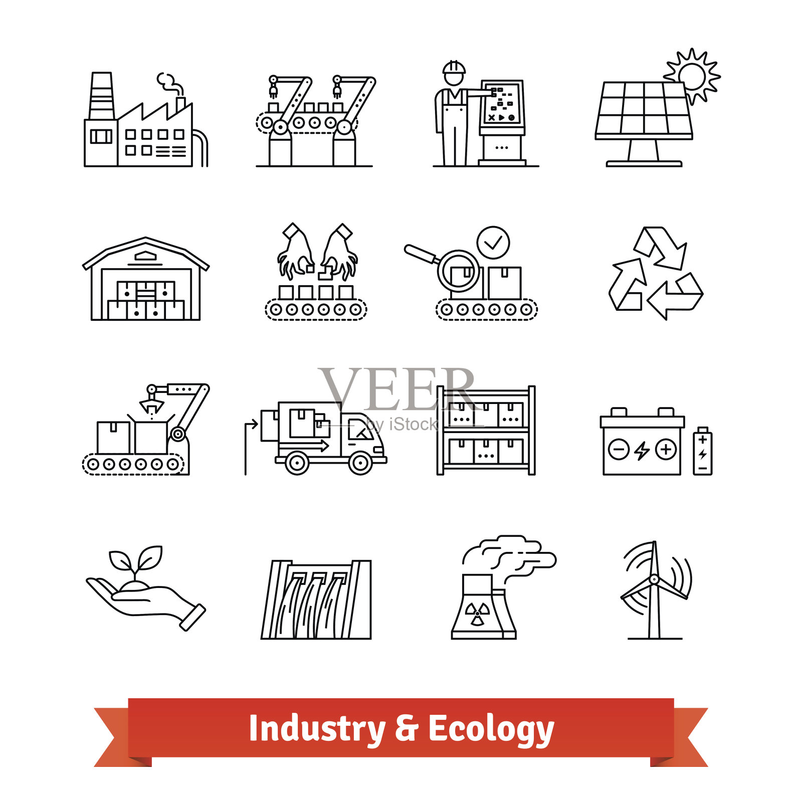 工业与生态细线艺术图标集图标素材