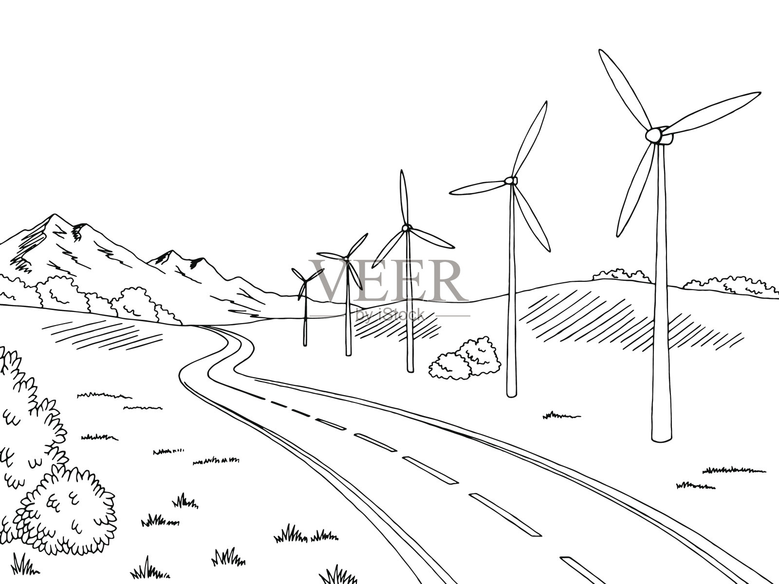 风车道路图形黑白景观素描插图矢量插画图片素材