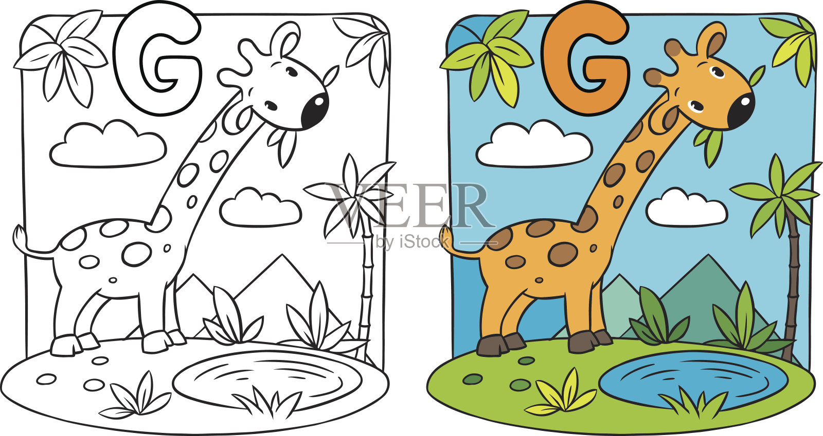 长颈鹿的涂色书。字母G插画图片素材