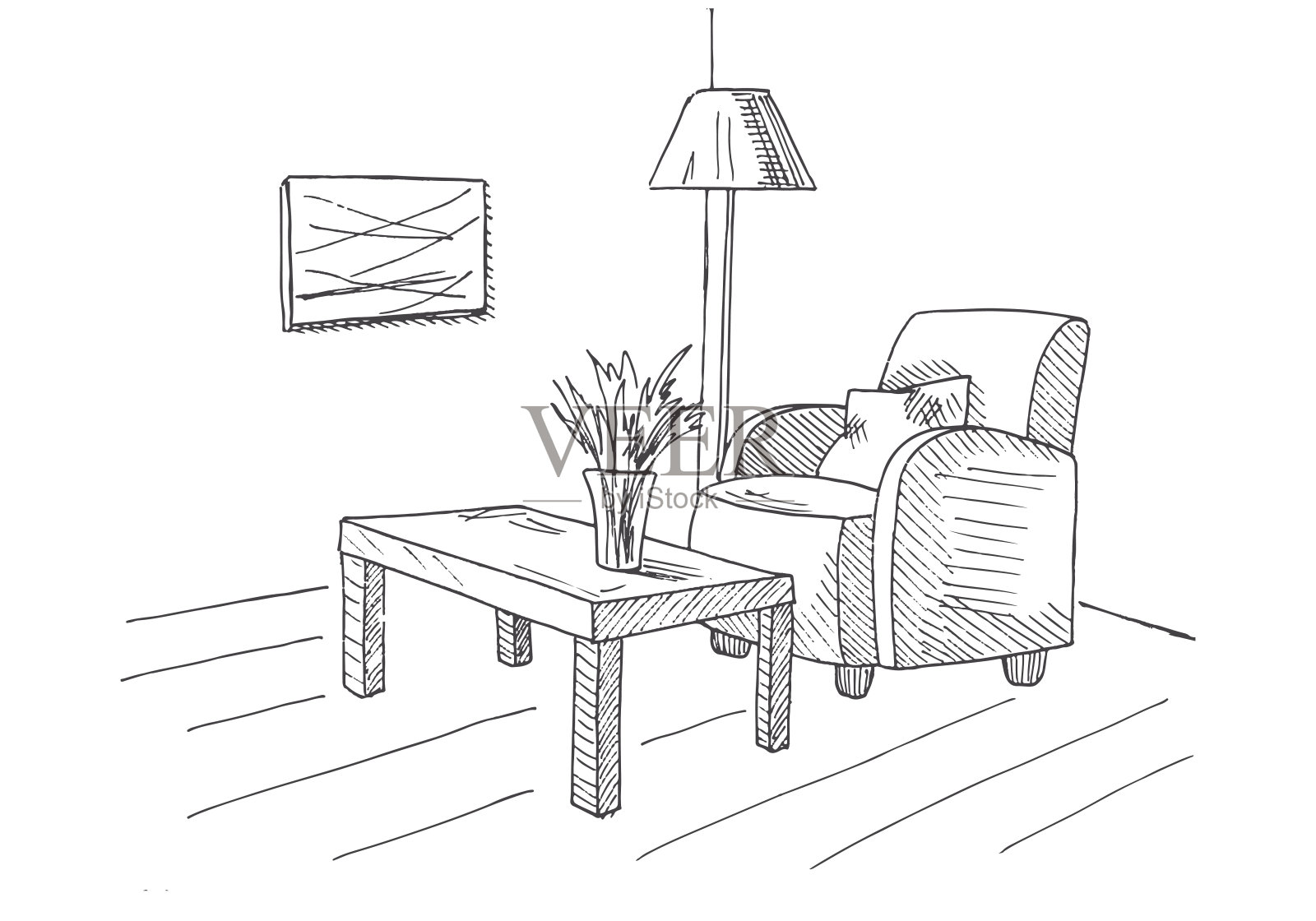 扶手椅，有花瓶的桌子。落地灯。手绘矢量插图的草图风格。插画图片素材