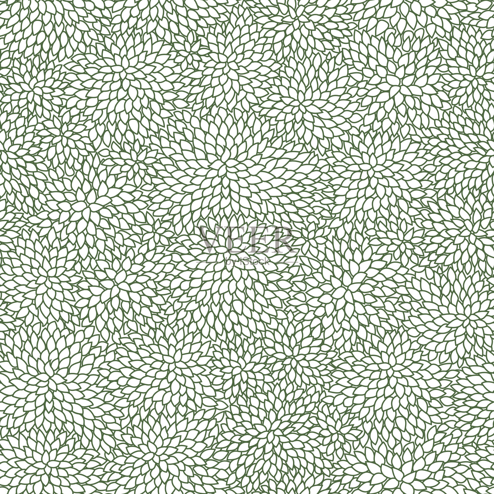 向量无缝模式的绿色灰色等高线叶子在白色的背景。手绘素描，混乱无序。墙纸、包装纸、纺织品印刷品、涂色书页。植树节装饰插画图片素材