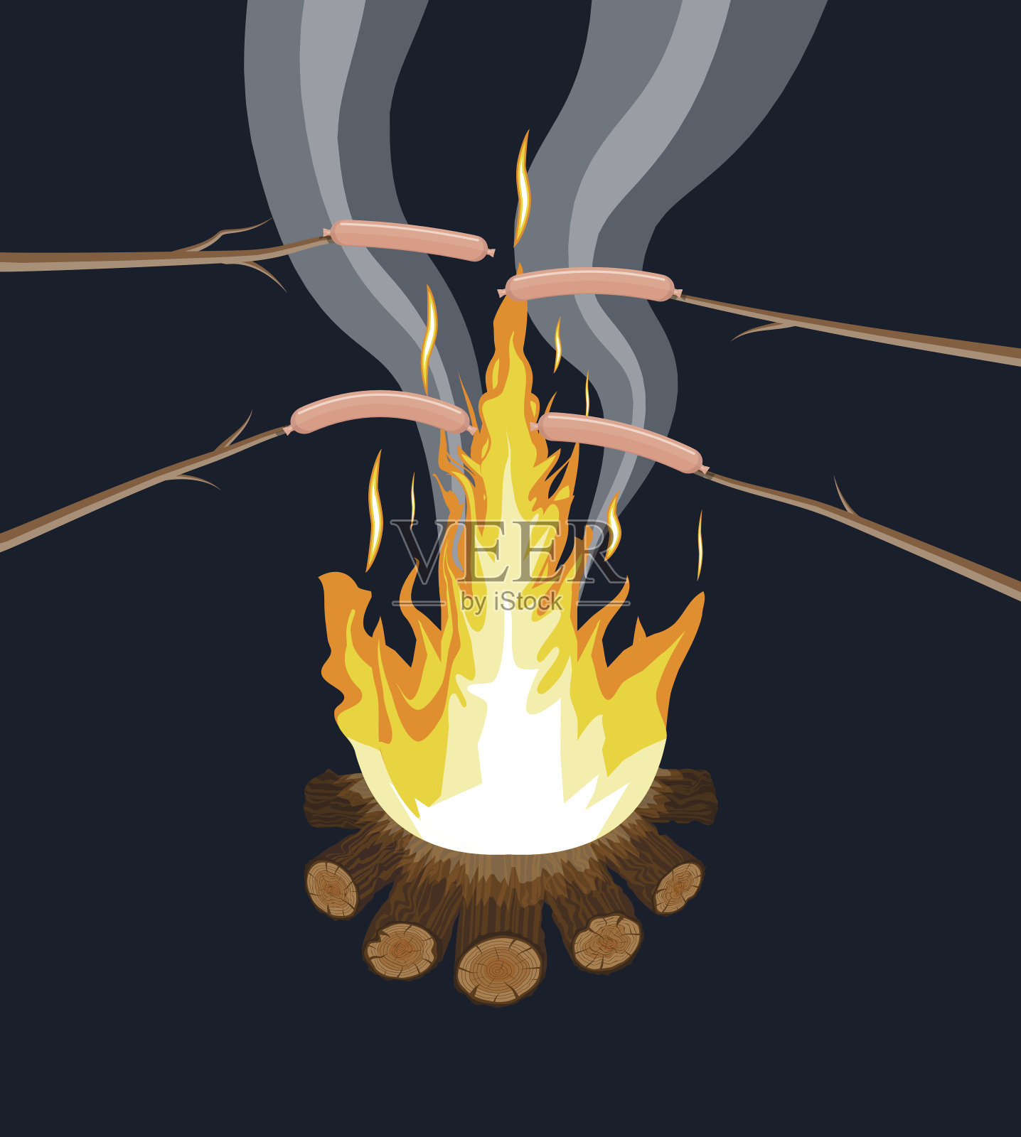 篝火和烤香肠。日志和火。插画图片素材