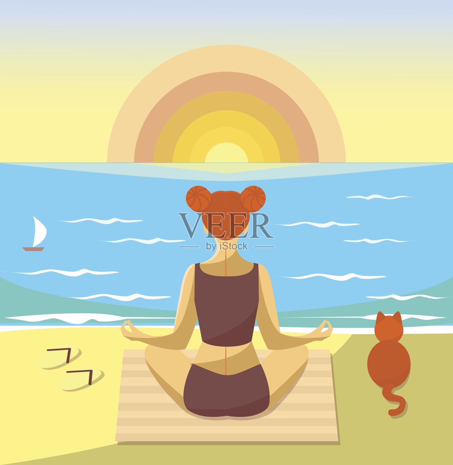 在海滩上沉思的女人。矢量插图。女孩和一只猫坐在一起看海上的日落插画图片素材
