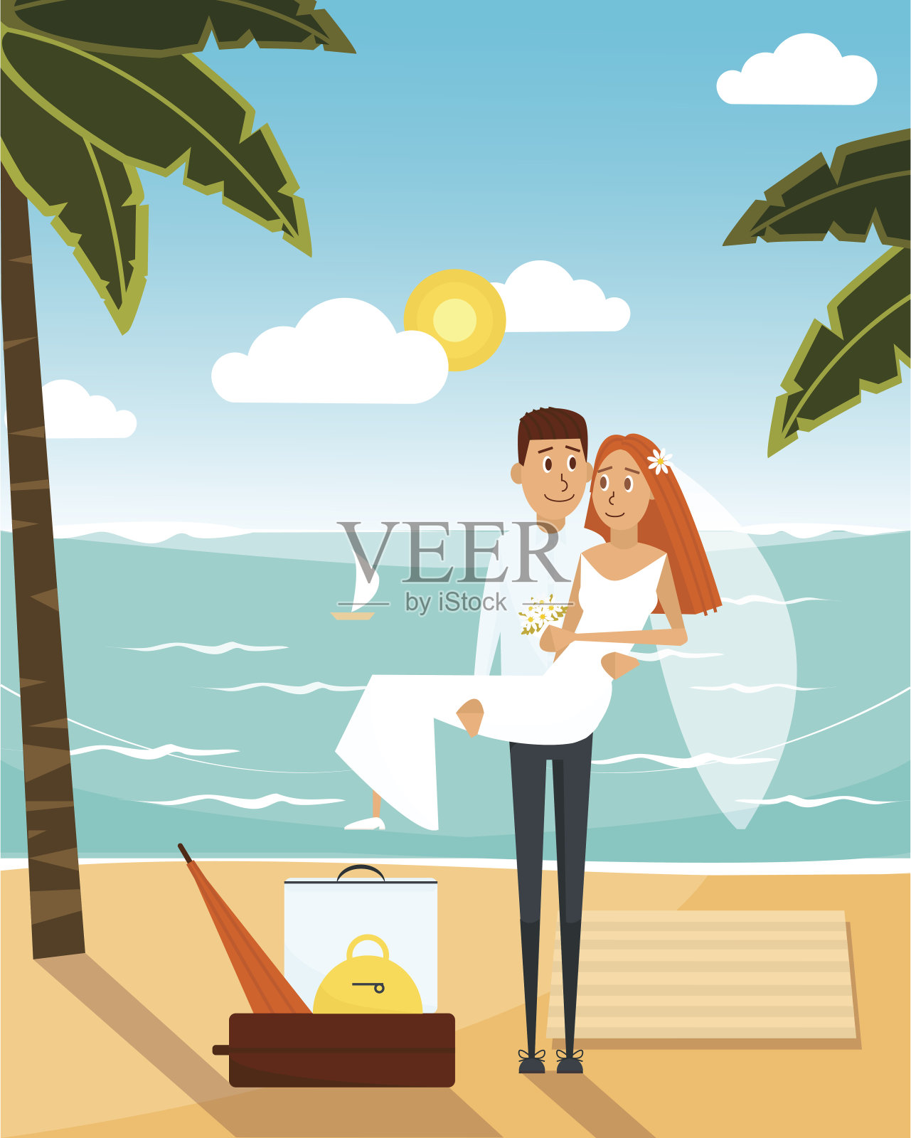一对新婚夫妇在婚后去了海滩。蜜月假期概念海报。矢量插图与卡通人物在平面风格设计插画图片素材