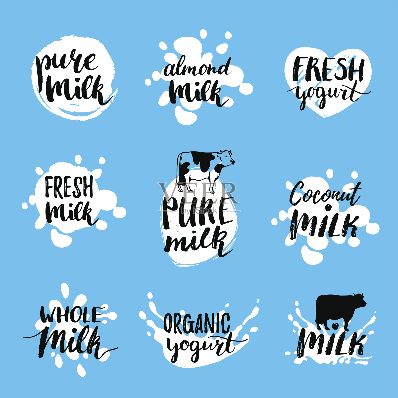 矢量手绘牛奶标签。乳制品的标志已经设立。产品包装、广告等的标签收集。插画图片素材