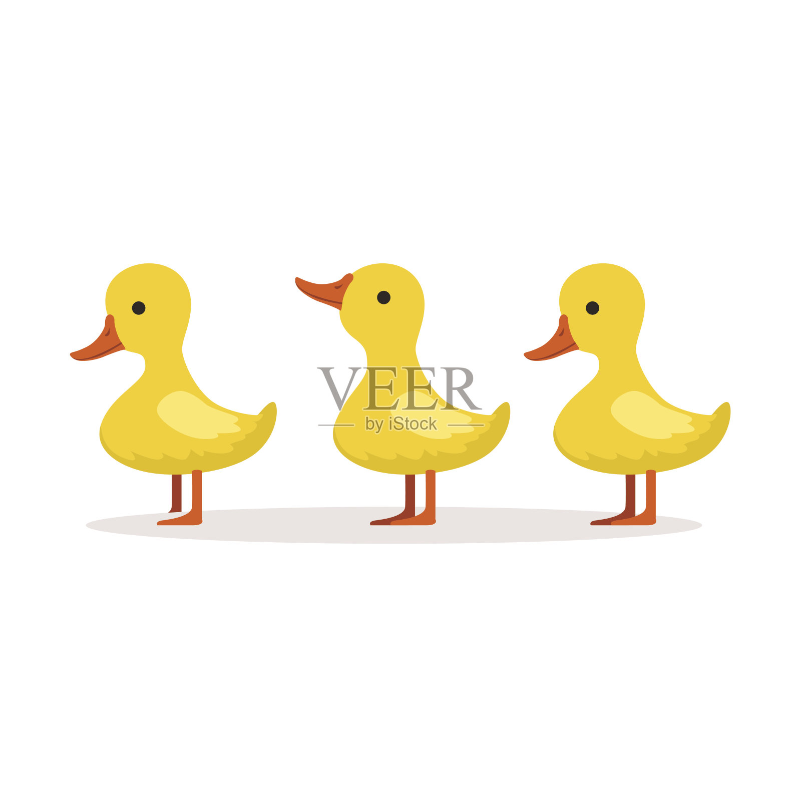 三个可爱的卡通小鸭子角色一个接一个地站在矢量插图上设计元素图片