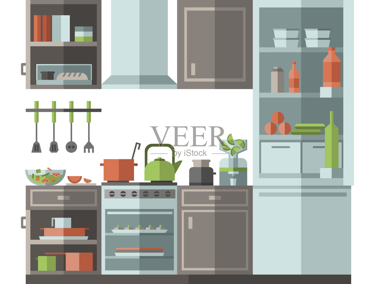 有家具、厨具和电器的厨房。平面风格矢量插图。插画图片素材