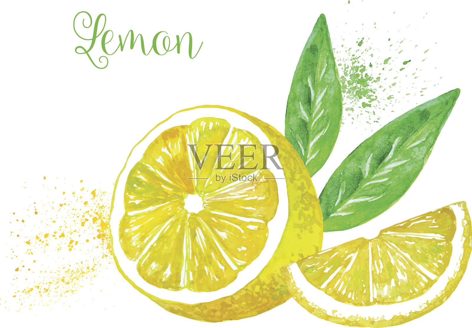 水彩向量柠檬与一片叶子，孤立的白色背景。插画图片素材