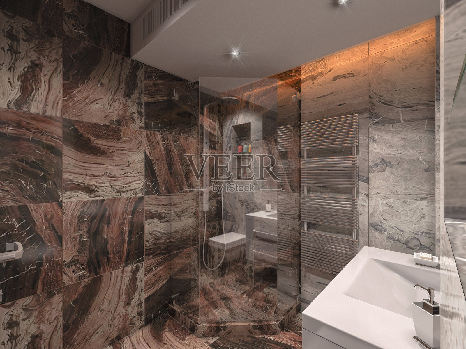 3d插图浴室在灰色和棕色的石头照片摄影图片