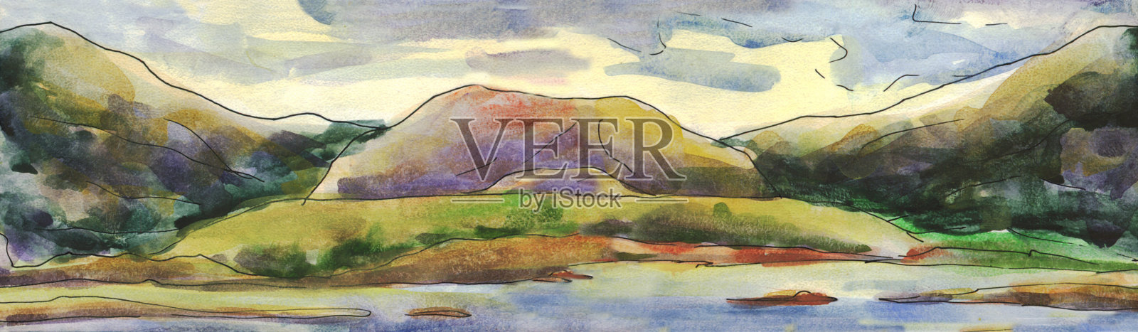 群山和河流的全景。水彩画插画图片素材