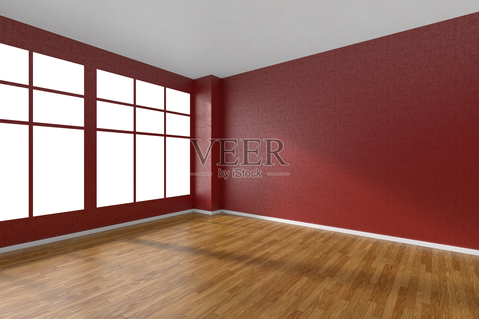 空房间，镶木地板，有纹理的红色墙壁和窗户照片摄影图片