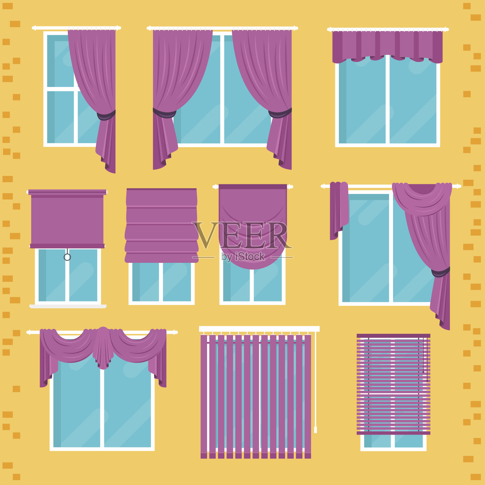 收集各种窗户处理:窗帘，窗帘，窗帘，百叶窗。插画图片素材