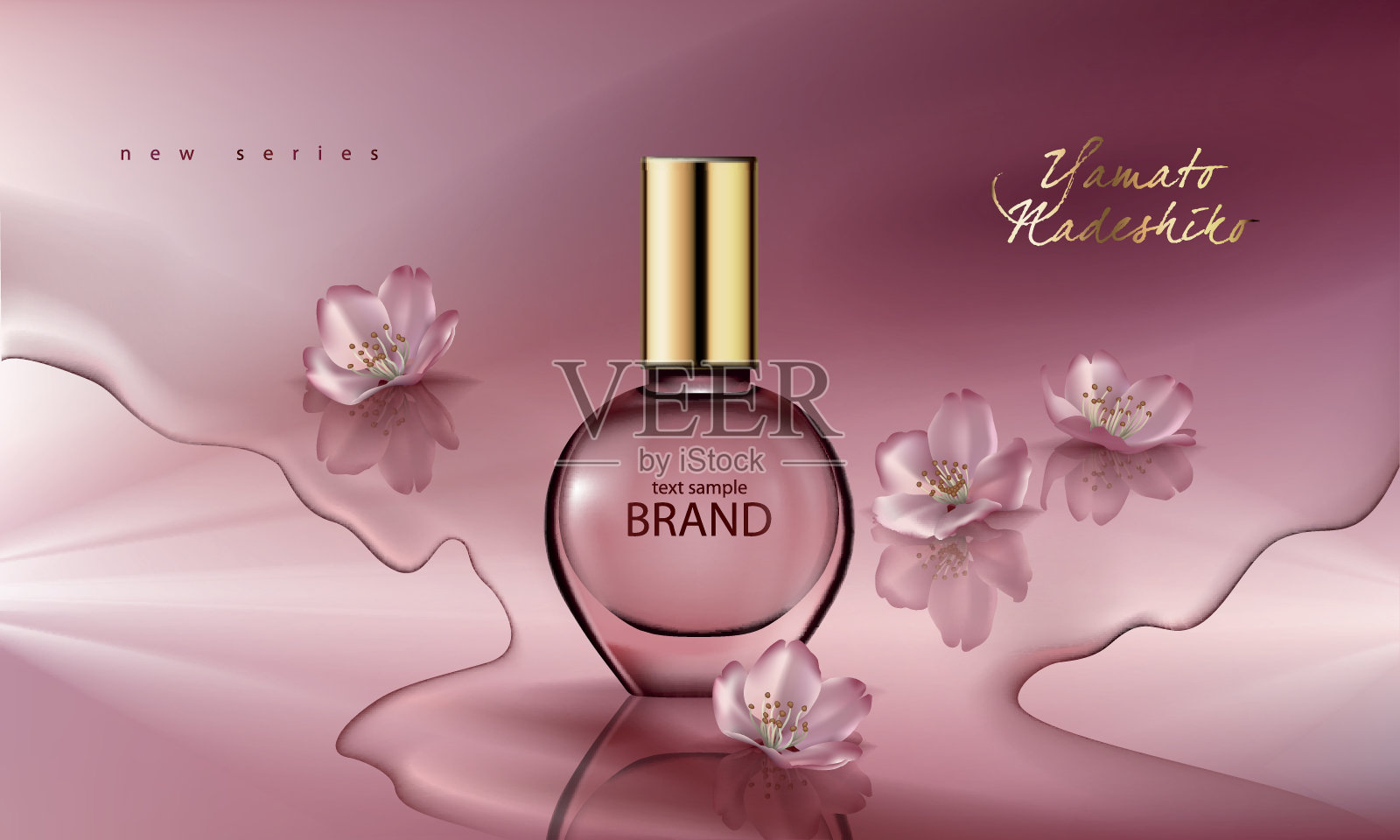 矢量插图的现实主义风格的香水在一个粉红色的背景与樱花瓶子插画图片素材