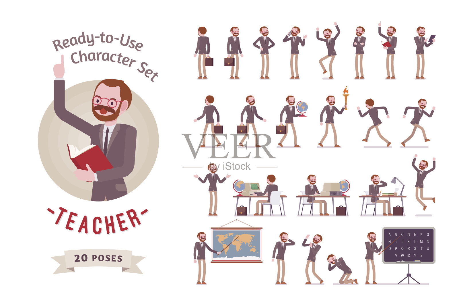 现成的男教师角色集，不同的姿势和情绪插画图片素材