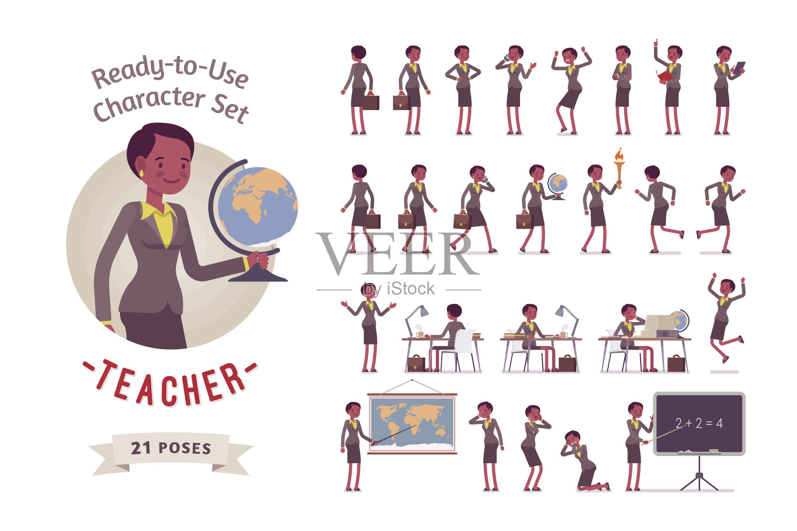 随时可用的女教师角色集，不同的姿态和情绪设计元素图片
