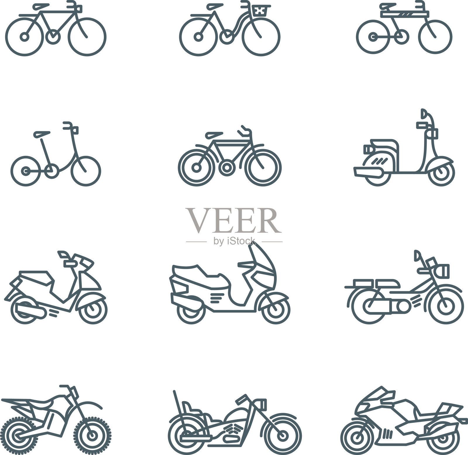 摩托车，摩托车，踏板车，自行车，自行车细线矢量图标图标素材
