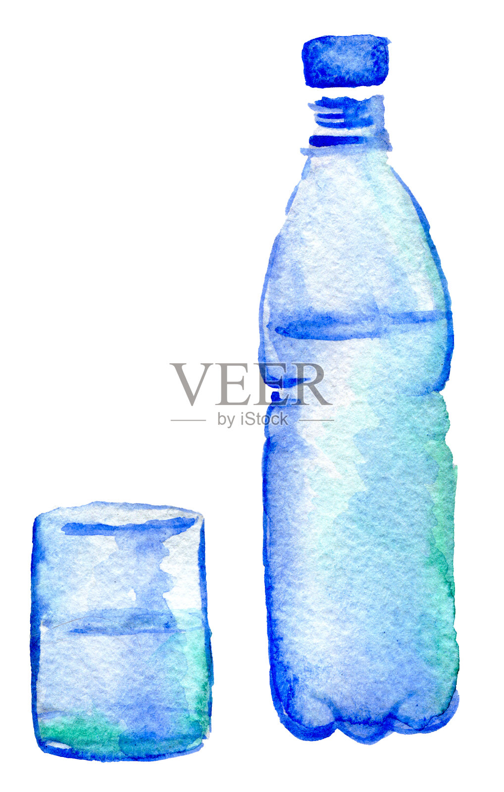 水彩素描瓶水和玻璃上的白色背景插画图片素材