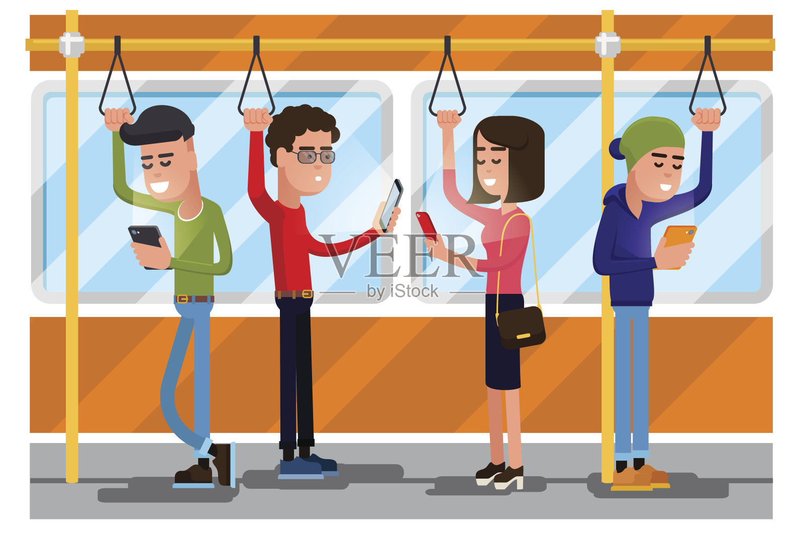 年轻人在公共交通工具上用智能手机社交插画图片素材