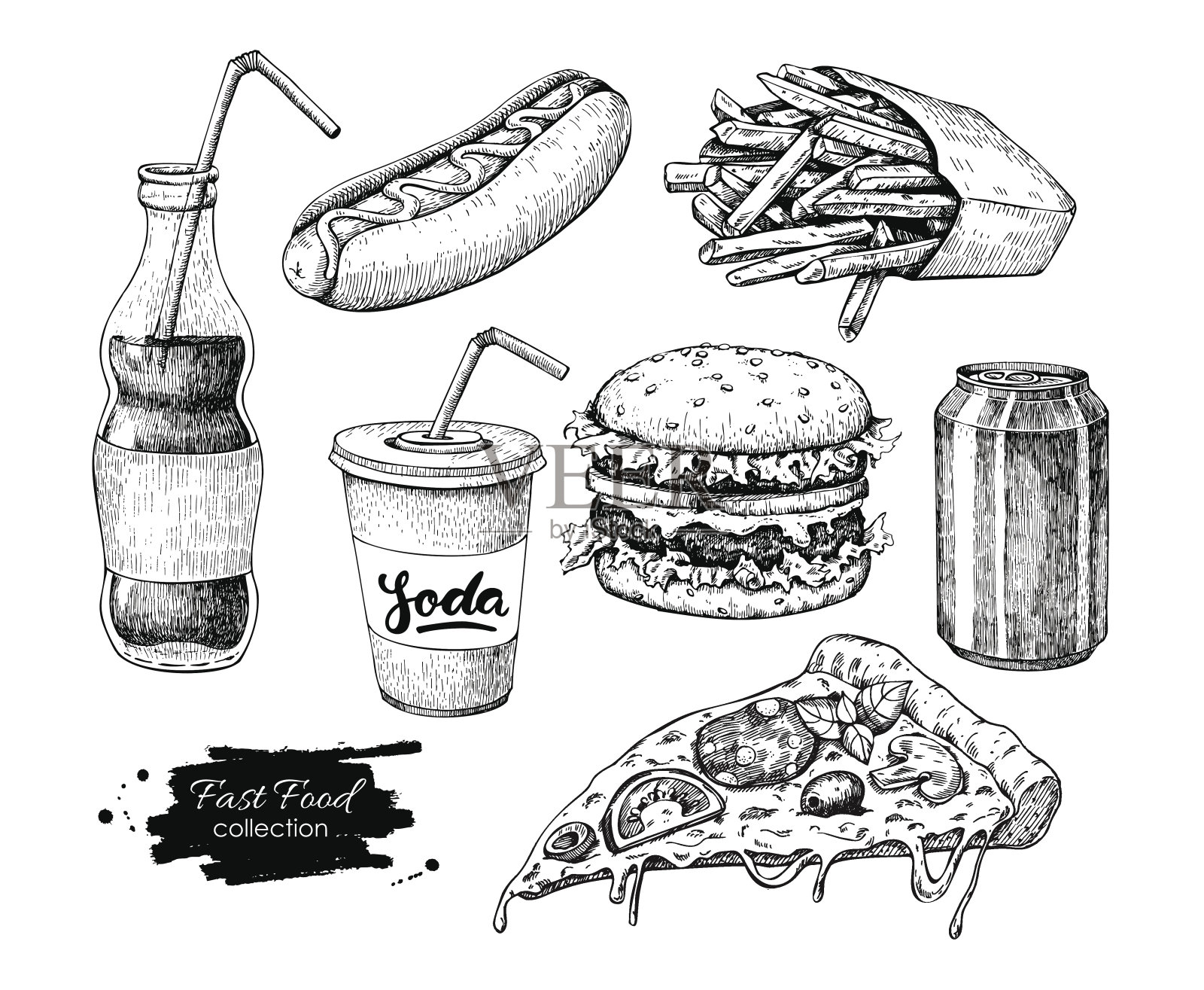 快餐矢量手绘集。雕刻风格的垃圾食品插图插画图片素材