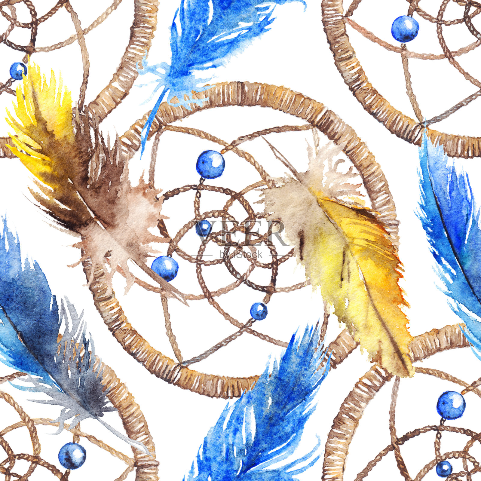 水彩民族部落手工制作的羽毛捕梦网无缝图案插画图片素材