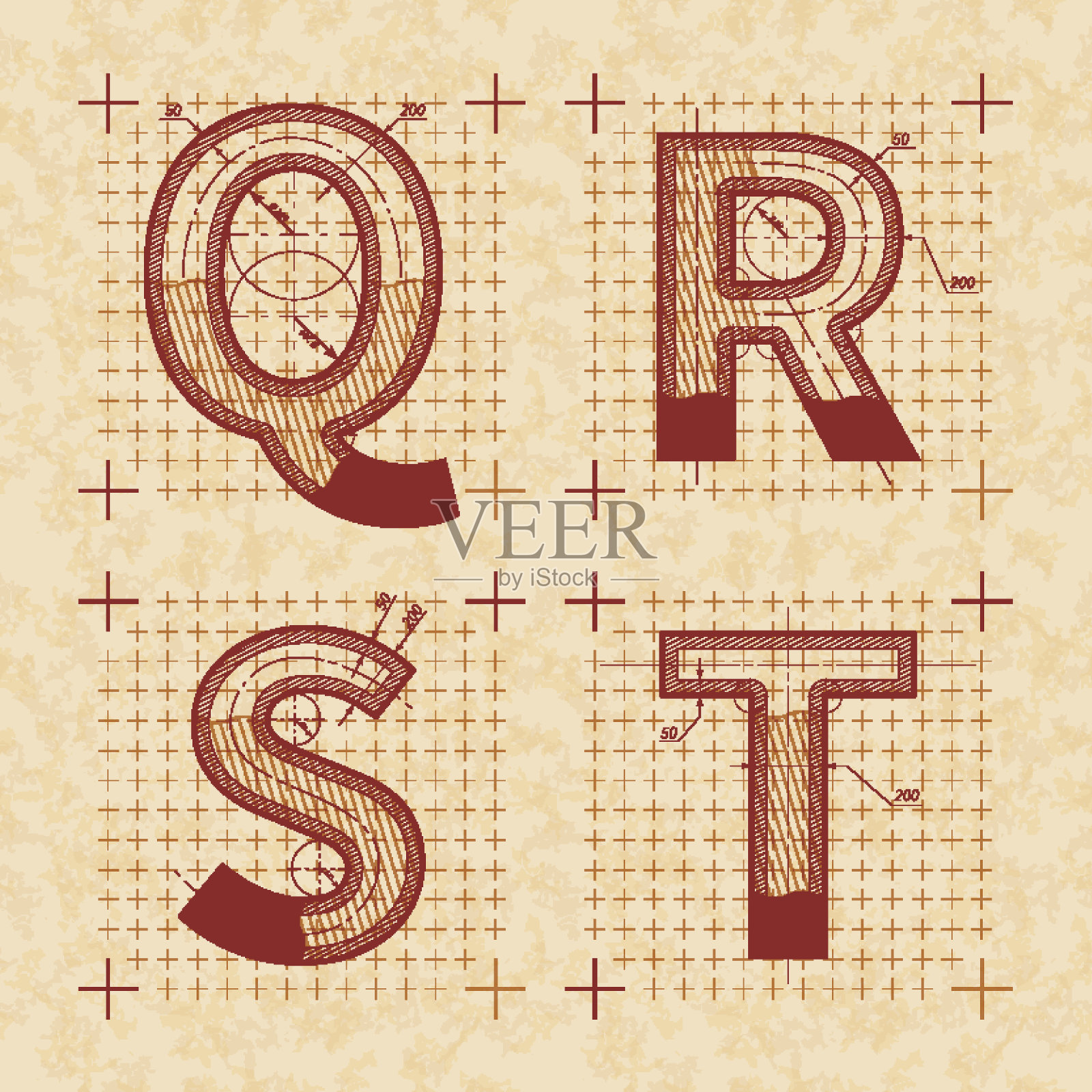 中世纪发明家的Q R S T字母草图。复古风格的字体在旧的纹理纸设计元素图片