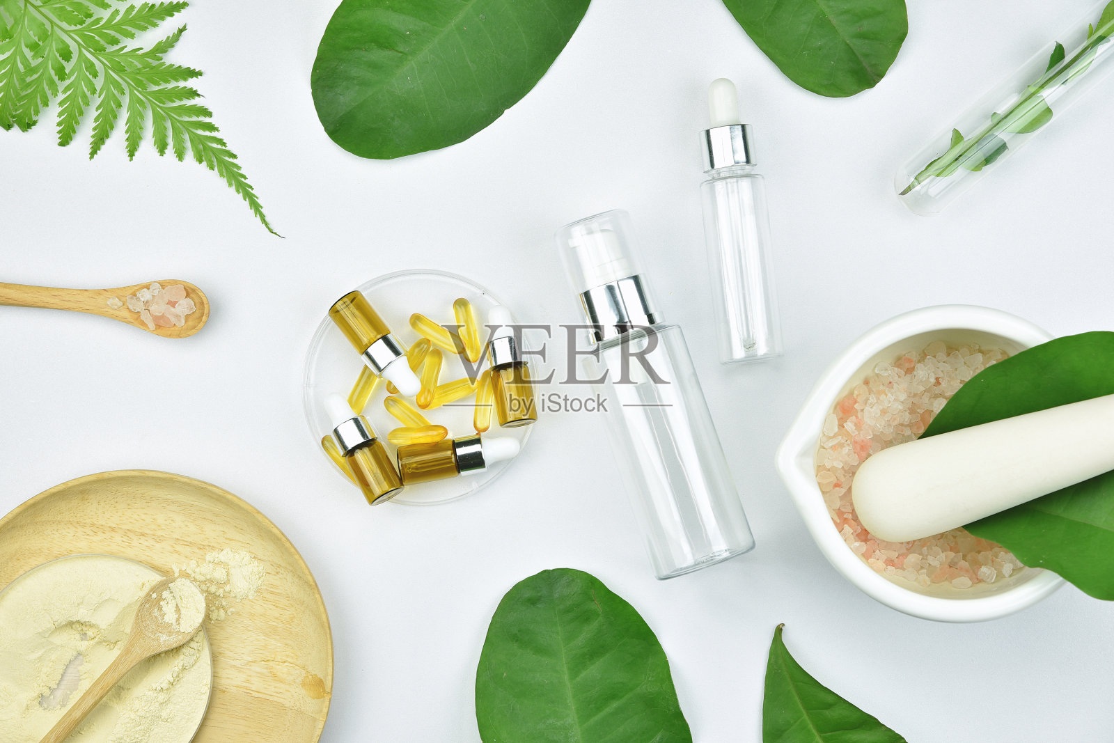化妆品瓶容器与绿色草药叶子，空白标签包装的品牌模型照片摄影图片