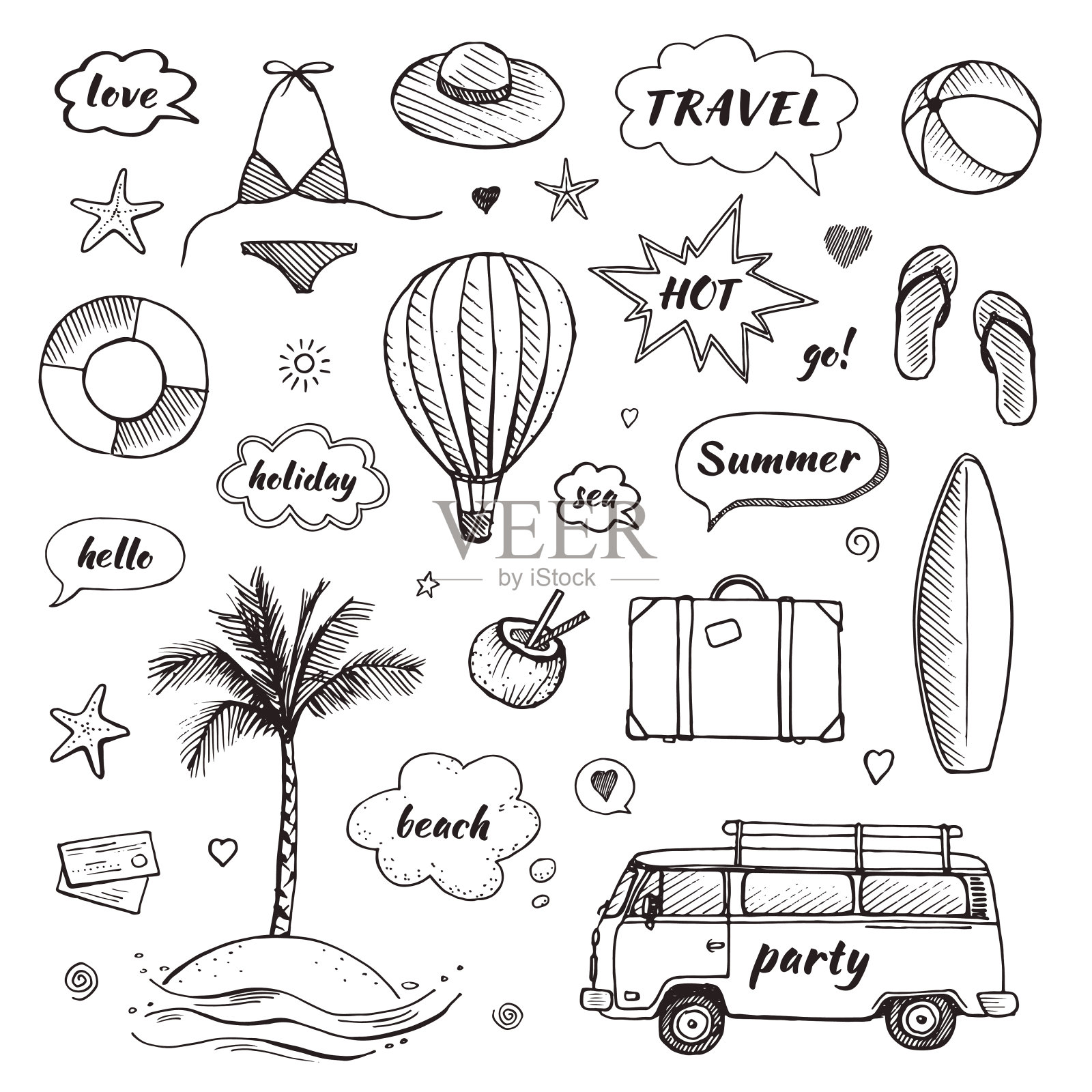 一套手绘旅行涂鸦。旅游和夏季素描与旅游元素和讲话泡泡。矢量图插画图片素材