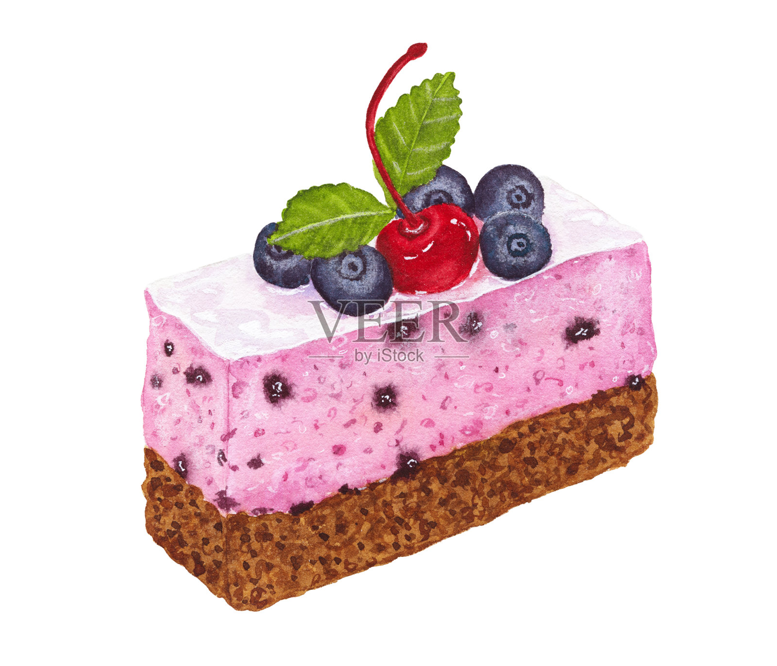用樱桃、蓝莓、薄荷和巧克力装饰的水彩画蛋糕插画图片素材