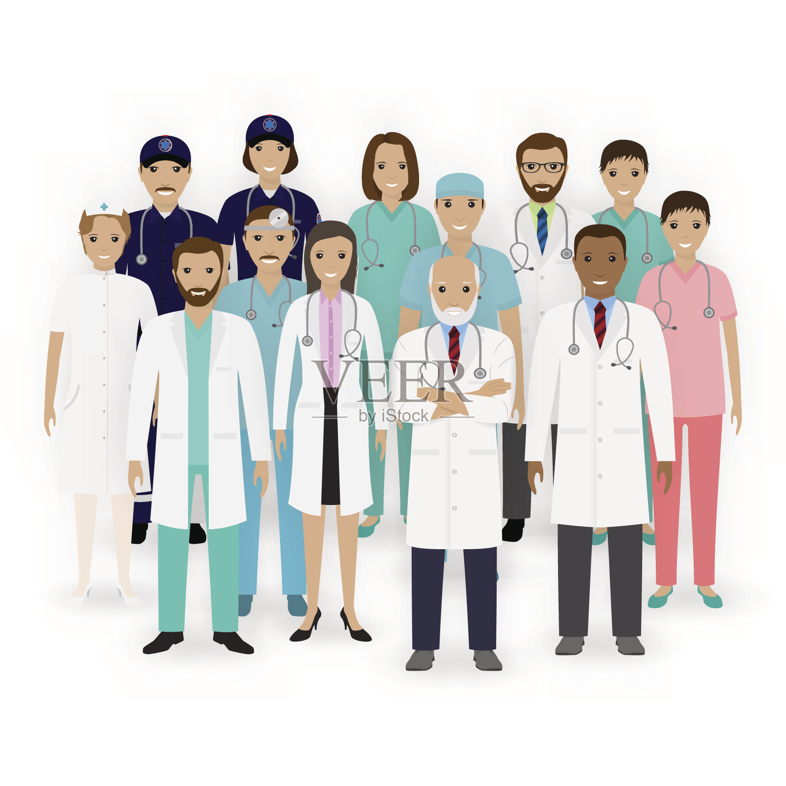 医生，护士和护理人员的字符图标。一组医务人员。医院的团队。药旗帜。设计元素图片