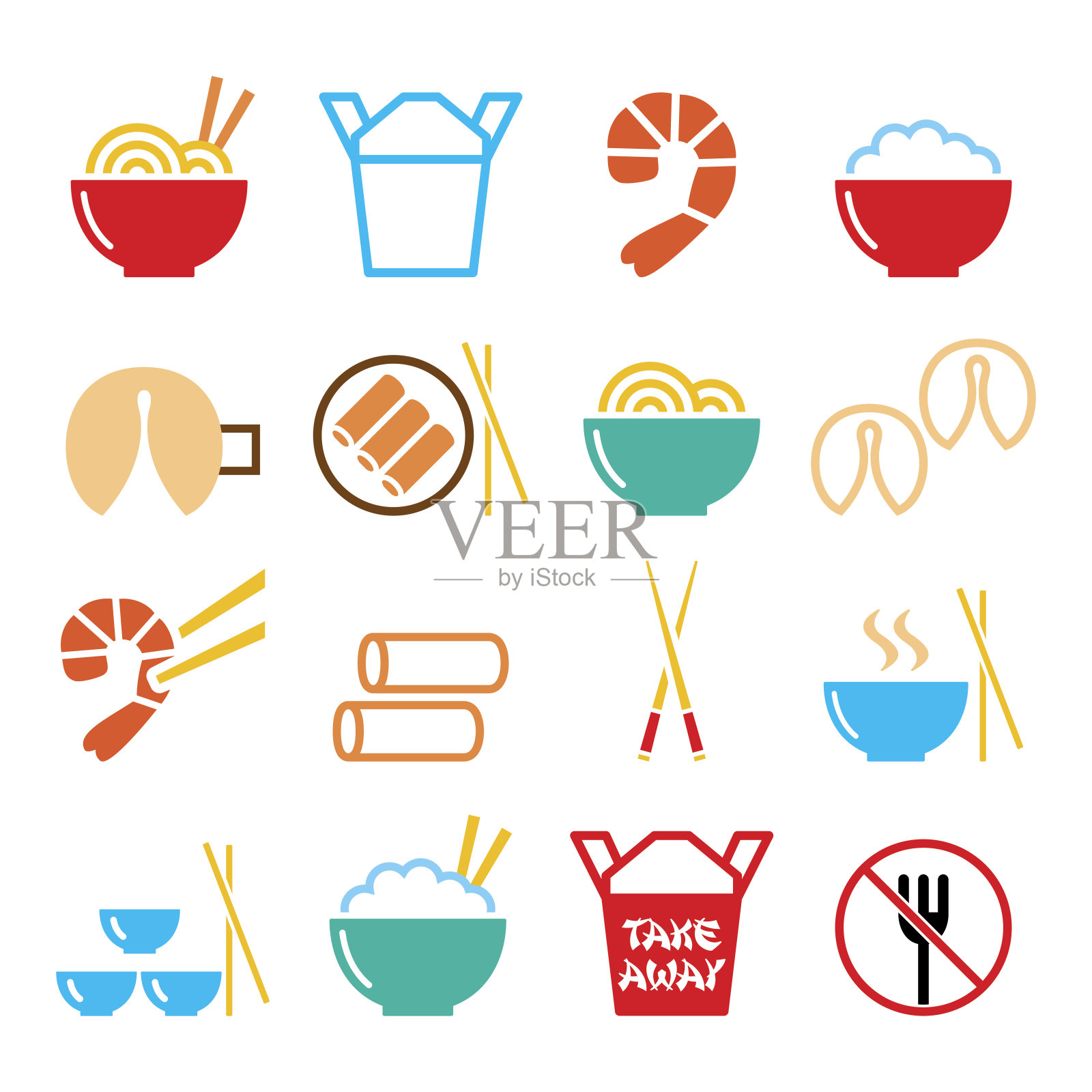 中国人的外卖食品象征——意大利面、米饭、春卷、幸运饼干图标素材