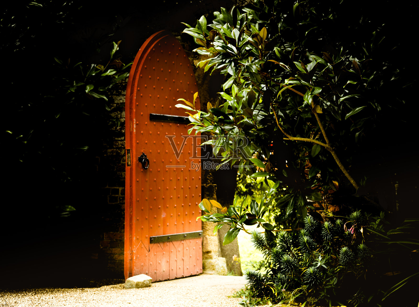 古老沉重的木门作为童话的入口照片摄影图片